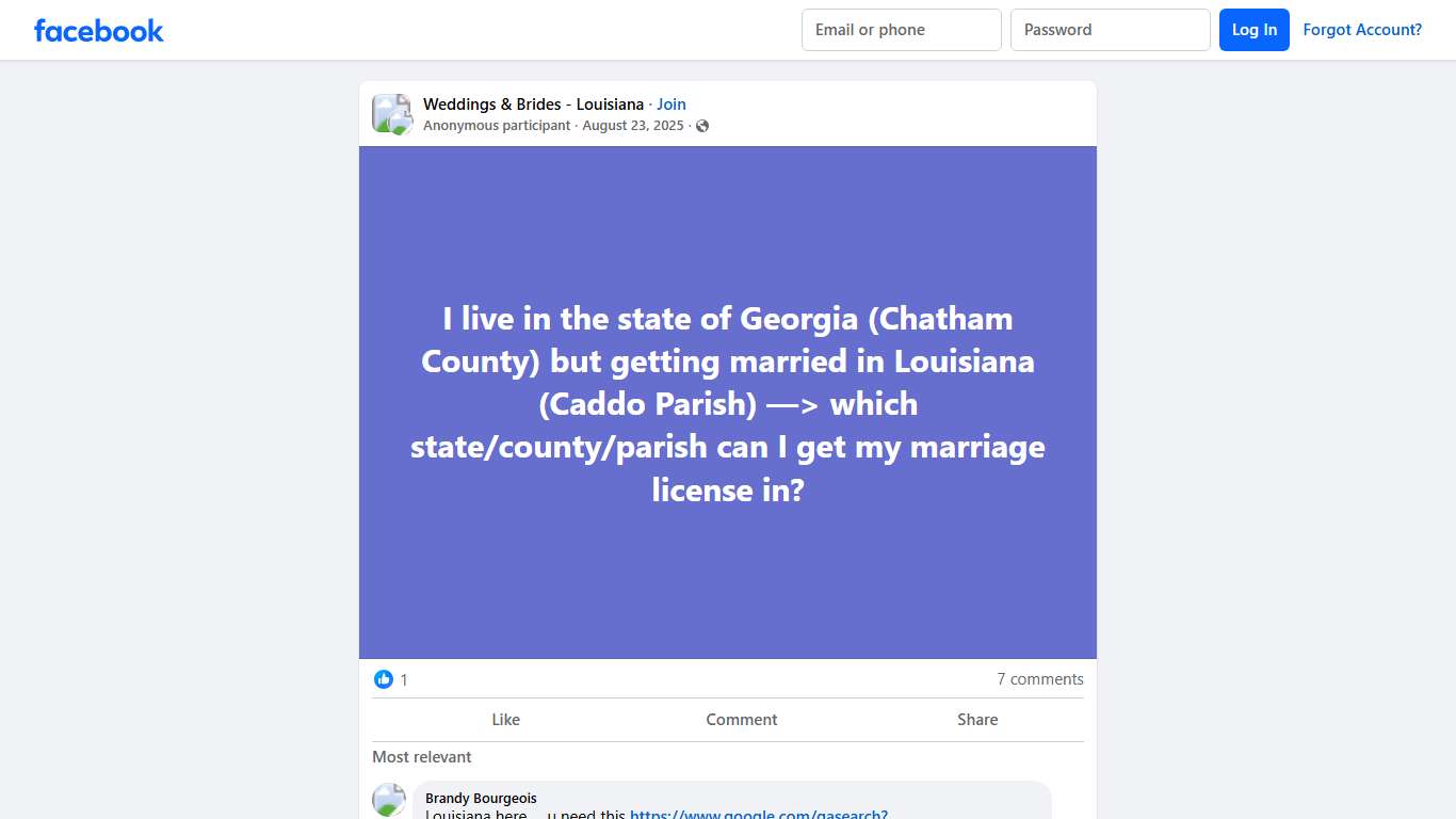 Weddings & Brides - Louisiana I live in the state of Georgia (Chatham County) but getting married in Louisiana (Caddo Parish) —> which state/county/parish can I get my marriage ... Facebook